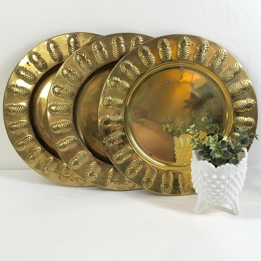 Vtg Brass Pineapple Punch Work Chargers Set of 3